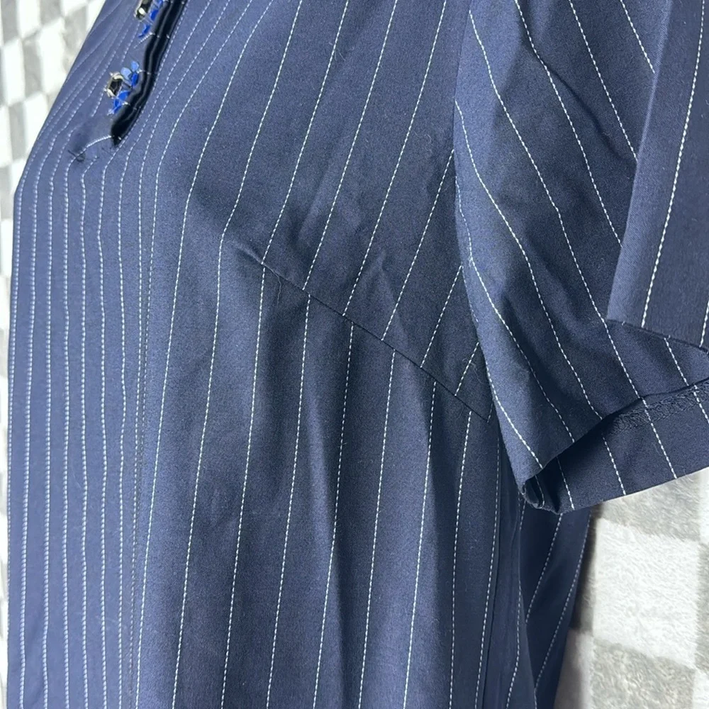 Banana Republic Pinstripe navy collared dress, rhinestone neckline pockets S - Picture 5 of 10